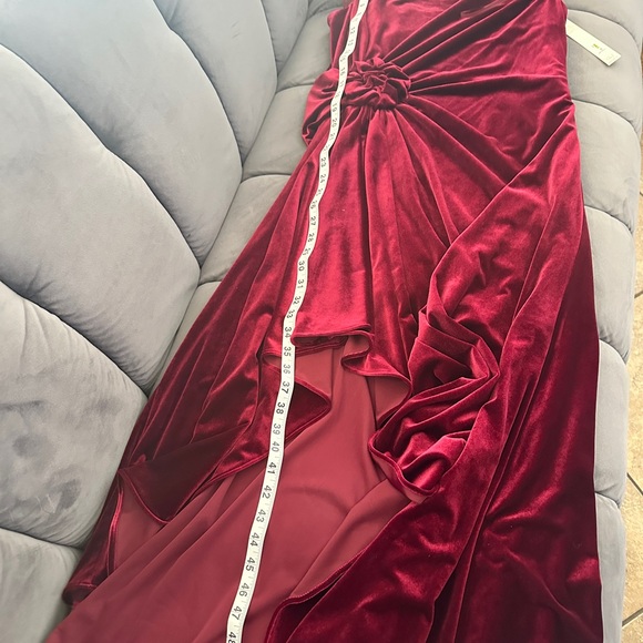 NWT Eliza J Velvet High Low Long Dress Size 14 Burgundy Cowl Neck Drape Rosette - Picture 14 of 15